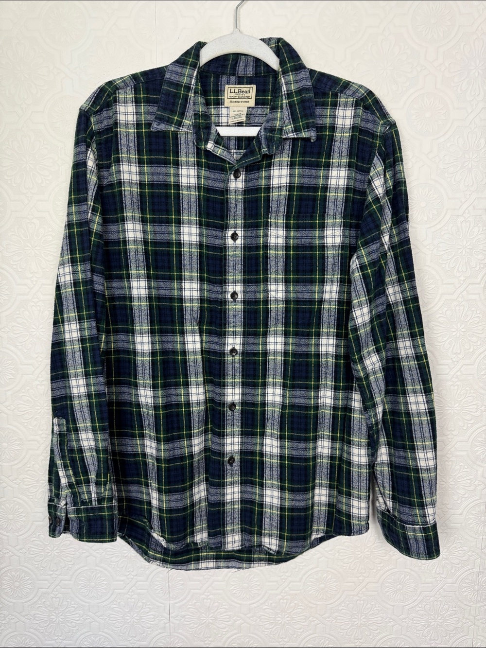 L.L.Bean Plaid Flannel Button Down Shirt Medium Green Blue‎ Cotton Fitted